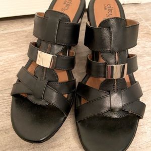Never worn EuroSoft by Sofft black leather slides/sandals with gold buckle trim.